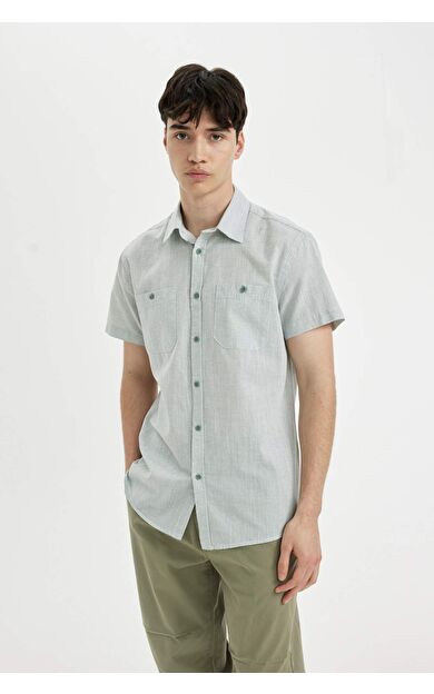 DeFacto DeFactoFit Slim Fit Çizgili Pamuklu Kısa Kollu Gömlek C7361AX24SMGN1015