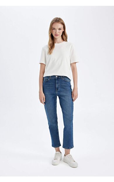 Mary Düz Paça Yüksek Bel Paça Ucu Kesik Bilek Boy Jean Yıkamalı Pantolon