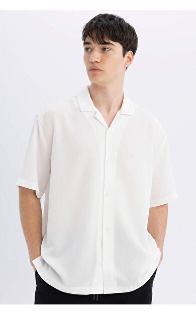 DeFactoFit Relax Fit Polo Yaka Krinkıl Kumaş Kısa Kollu Gömlek