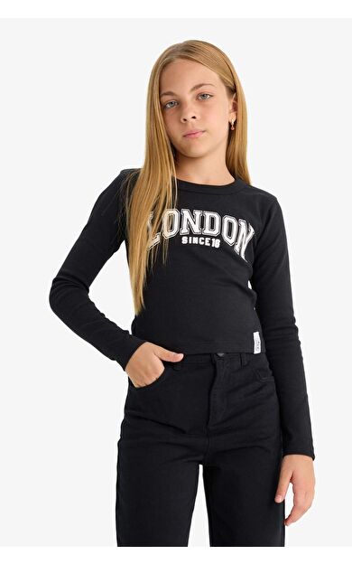 Kız Çocuk Slim Fit Dar Kesim Bisiklet Yaka Baskılı Fitilli Kaşkorse Uzun Kollu Tişört C7465A825AUBK81