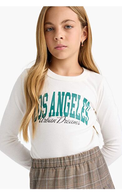 Kız Çocuk Okula Dönüş Slim Fit Dar Kesim Bisiklet Yaka Slogan Baskılı Fitilli Kaşkorse Uzun Kollu Tişört