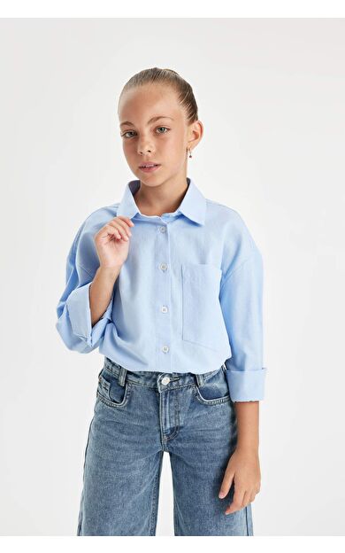 DeFacto Kız Çocuk Oversize Fit Poplin Uzun Kollu Gömlek C7482A824AUBE37