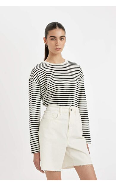 Regular Fit Bisiklet Yaka Basic Düz Penye Uzun Kollu Tişört