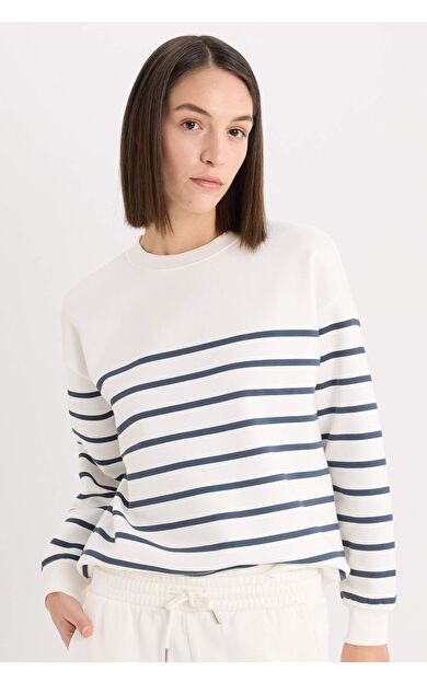 Relax Fit Bisiklet Yaka Basic Düz Kalın Sweatshirt Kumaşı Sweatshirt