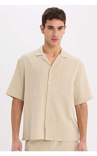 DeFacto %100 Pamuk Relax Fit Polo Yaka Pamuklu Yazlık Müslin Kısa Kollu Gömlek