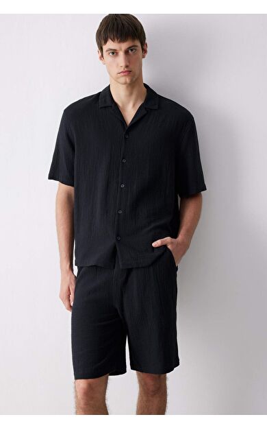 DeFacto %100 Pamuk Relax Fit Pamuklu Yazlık Müslin Kısa Kollu Gömlek C7578AX25SMBK81