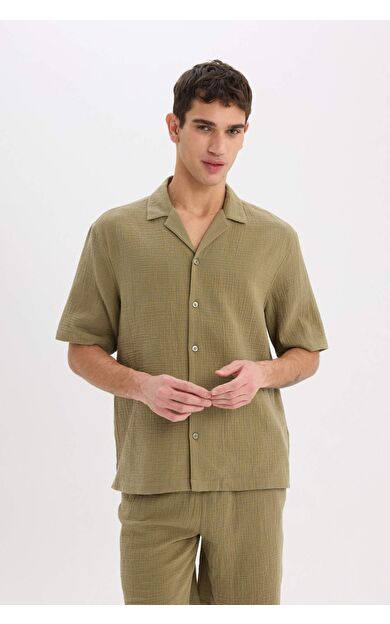 DeFacto %100 Pamuk Relax Fit Pamuklu Yazlık Müslin Kısa Kollu Gömlek C7578AX25SMKH436