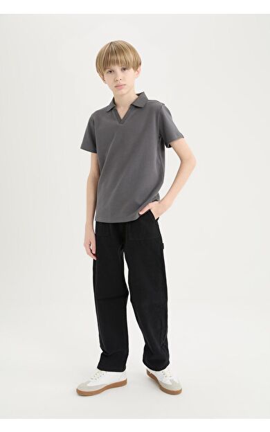 DeFacto Erkek Çocuk Loose Fit Standart Paça Kargo Cepli Basic Düz Gabardin Siyah Pantolon