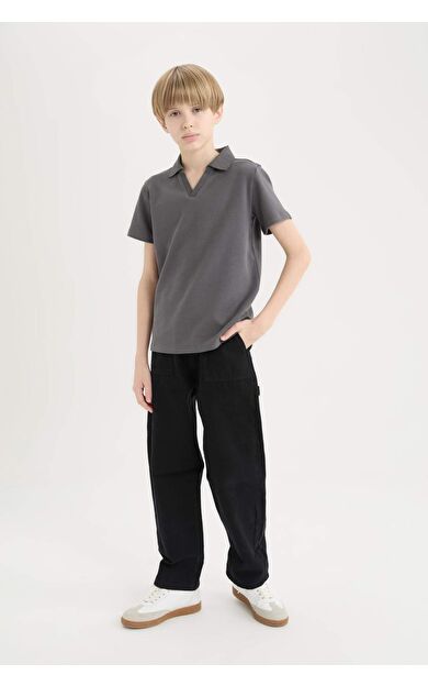 DeFacto Erkek Çocuk Loose Fit Standart Paça Kargo Cepli Basic Düz Gabardin Siyah Pantolon
