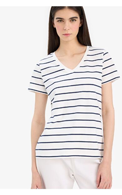 DeFacto Relax Fit V Yaka Çizgili Kısa Kollu Tişört