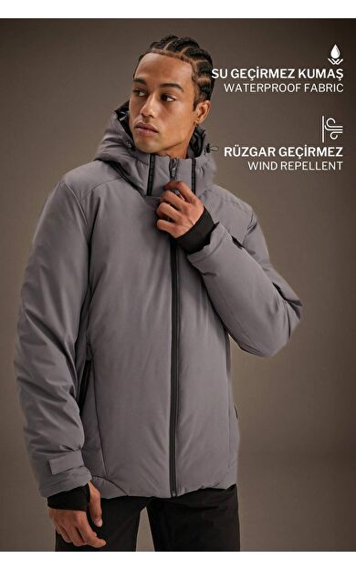 Defactofit Usb Isıtıcılı  Su İtici Rüzgar Geçirmez Kapüşonlu Fermuarlı Kışlık Kayak Montu