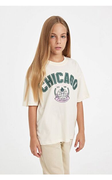DeFacto Kız Çocuk Oversize Fit Bisiklet Yaka Baskılı Kısa Kollu Okul Tişörtü C7791A824AUER233