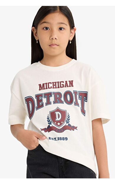 Kız Çocuk Oversize Geniş Kalıp Bisiklet Yaka Üniversite Baskılı Kısa Kollu Tişört