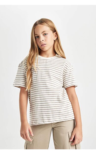 DeFacto Kız Çocuk Relax Fit Bisiklet Yaka Çizgili Kısa Kollu Okul Tişörtü