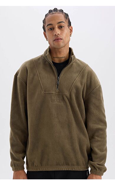 DeFacto Comfort Regular Fit Rahat Kalıp Dik Yaka Baskılı Polar Sweatshirt
