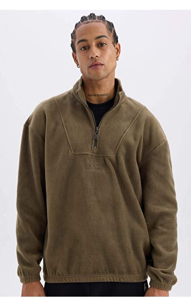 DeFacto Comfort Regular Fit Rahat Kalıp Dik Yaka Baskılı Polar Sweatshirt