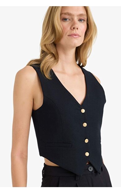 Crop V Yaka Keten Karışımlı Blazer Yelek C7798AX25SMBK81