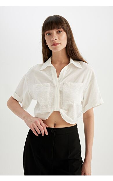 DeFacto DeFactoFit Crop Gömlek Yaka Twill Kısa Kollu Bluz