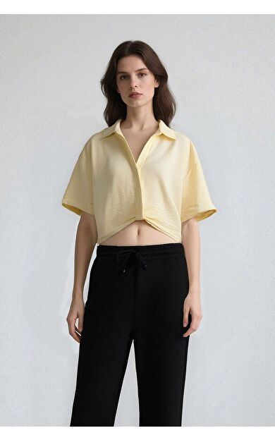 DeFacto Cropped Fit Gömlek Yaka Keten Görünümlü Kısa Kollu Bluz