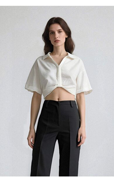 Cropped Fit Gömlek Yaka Keten Görünümlü Kısa Kollu Bluz