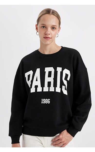 DeFacto DeFactoFit Loose Fit Bisiklet Yaka Baskılı Kalın Kumaş Sweatshirt