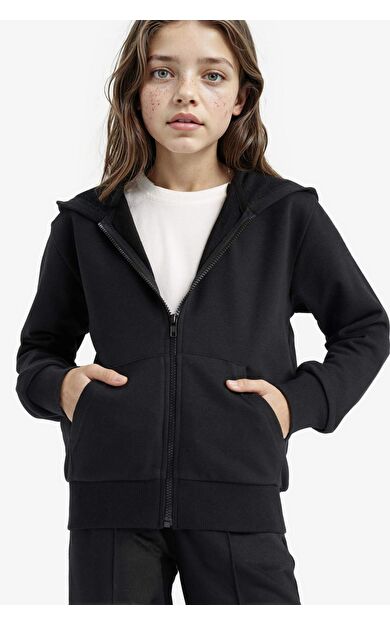 DeFacto Kız Çocuk Basic Düz Kapüşonlu Fermuarlı Sweatshirt C8110A825AUBK81