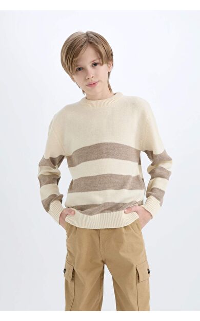 DeFacto Erkek Çocuk Regular Fit Bisiklet Yaka Çizgili Triko Kazak