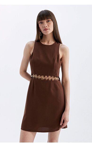 A Kesim Yuvarlak Yaka Keten Karışımlı Kolsuz Midi Elbise