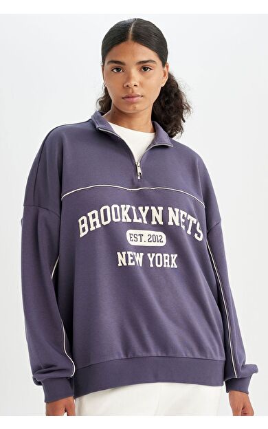 DeFacto DeFactoFit NBA Brooklyn Nets Oversize Fit Yarım Fermuarlı Sweatshirt