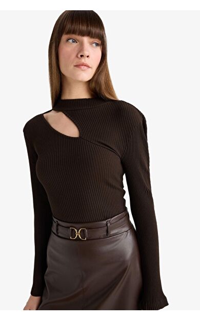 Slim Fit Dar Kesim Bisiklet Yaka Fitilli Kaşkorse Uzun Kollu Tişört C8473AX25AUBN207