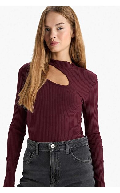 Slim Fit Dar Kesim Bisiklet Yaka Fitilli Kaşkorse Uzun Kollu Tişört C8473AX25AUBR34