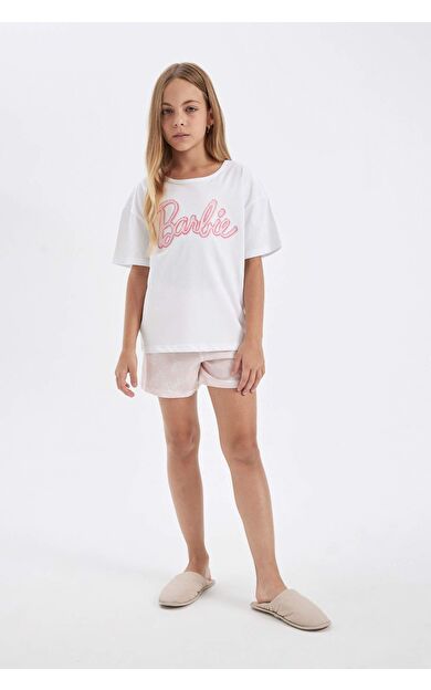 DeFactoFit Kız Çocuk Barbie Boxy Fit Kısa Kollu Şortlu Pijama Takımı
