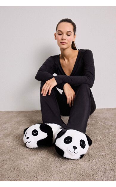Kadın Panda Temalı Düz Taban Panduf