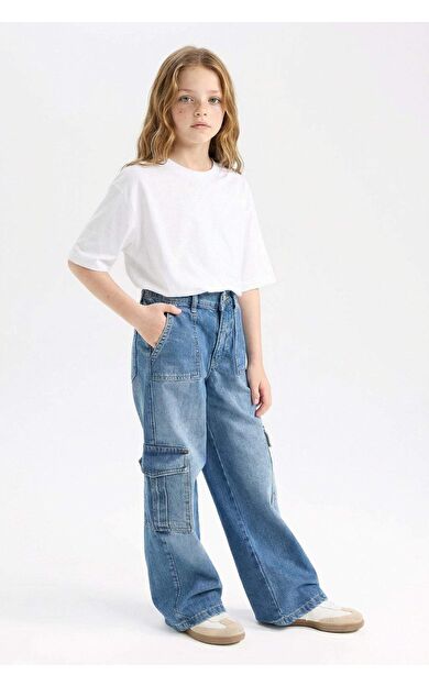 DeFacto Kız Çocuk Wide Leg Kargo Geniş Paça Jean Pantolon C8540A824AUNM28