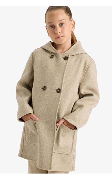 Kız Çocuk Kapüşonlu Cepli Kaşe Parka