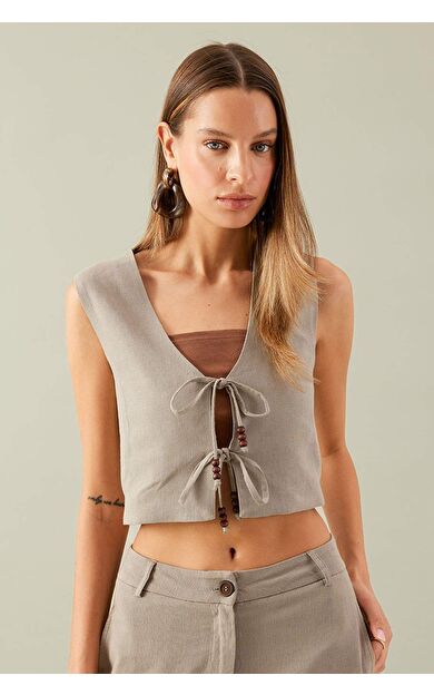 Fitted V Yaka Keten Karışımlı Bağcıklı Yelek