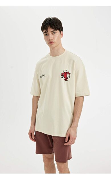 DeFactoFit Keith Haring Oversize Fit Bisiklet Yaka Baskılı Kısa Kollu Tişört