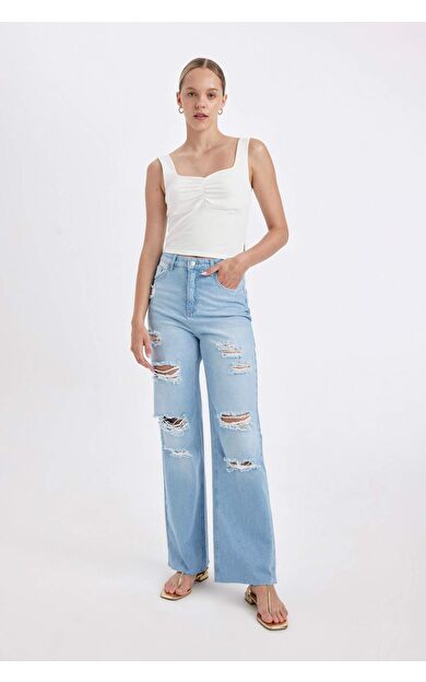90's Wide Leg Yüksek Bel Geniş Paça Yırtık Detaylı Yıkamalı Jean Pantolon