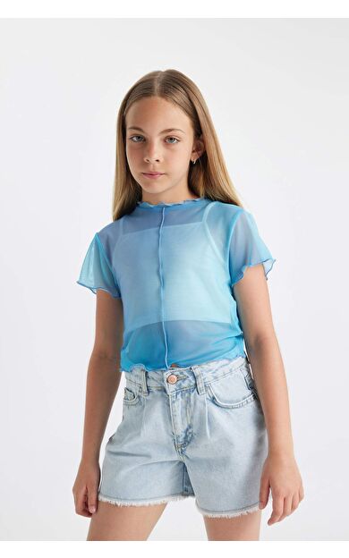 DeFactoFit Kız Çocuk Crop Bisiklet Yaka Degrade Baskılı Tül Kısa Kollu Tişört Atlet 2'li Takım C8717A824SMTR177