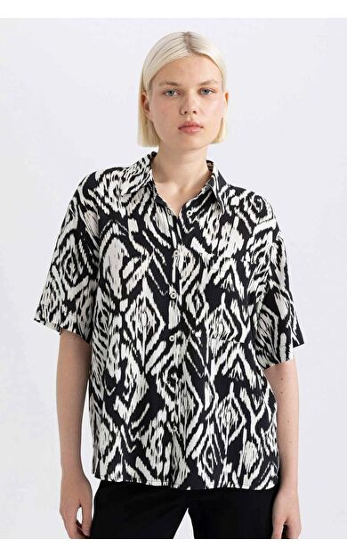DeFacto Oversize Fit Desenli Kısa Kollu Gömlek C8731AX24SMBK81