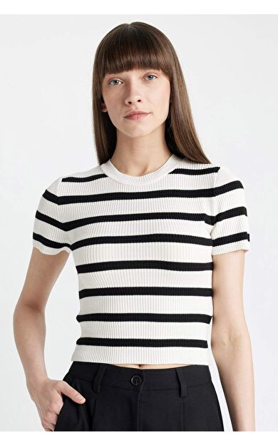 DeFactoFit Crop Bisiklet Yaka Ribana Çizgili Kazak