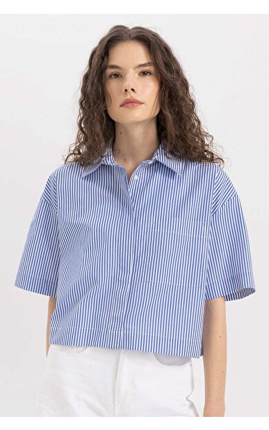 DeFactoFit Crop Gömlek Yaka Poplin Kısa Kollu Gömlek C8747AX24SMBE503