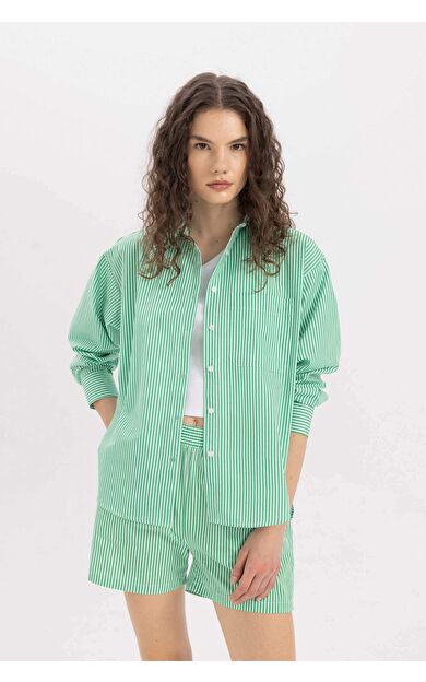 DeFactoFit Oversize Fit Gömlek Yaka Poplin Uzun Kollu Gömlek C8751AX24SMGN268