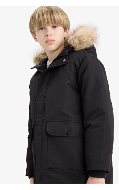 Erkek Çocuk Parka Mont Çıkarılabilir Suni Kürk Yaka Kapüşonlu Pelüş Astar