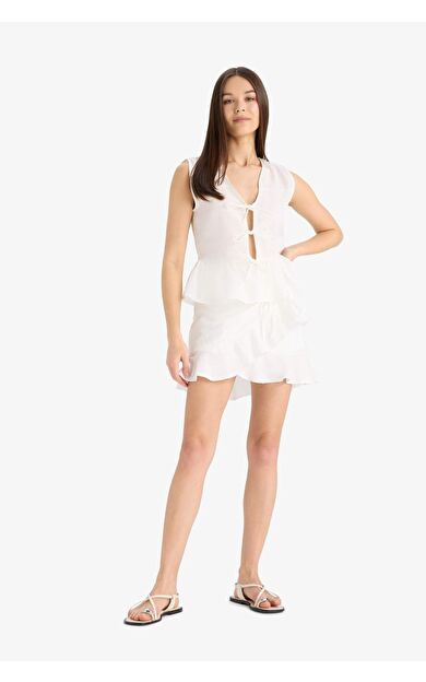 DeFacto Volanlı Basic Düz Volanlı Keten Mini Etek