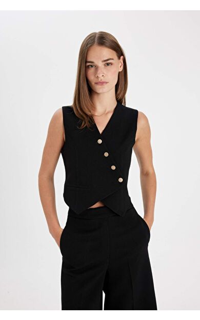 Asimetrik V Yaka Çizgili Blazer Yelek