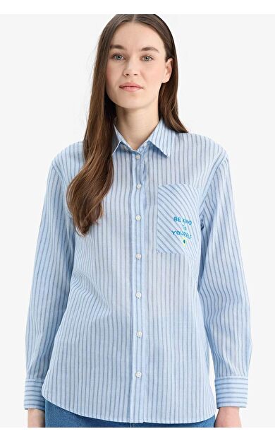 Relax Fit Baskılı Flamlı Pamuk Çizgili Uzun Kollu Gömlek Tunik