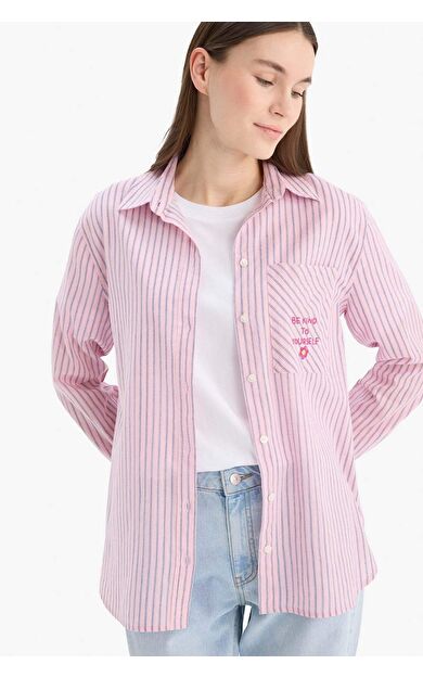 Relax Fit Baskılı Flamlı Pamuk Çizgili Uzun Kollu Gömlek Tunik