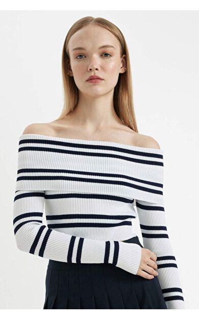 Slim Fit Çizgili Açık Omuz Triko Kazak