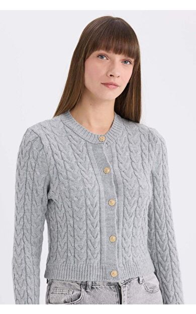 DeFacto Regular Fit Bisiklet Yaka Saç Örgülü Düğmeli Hırka